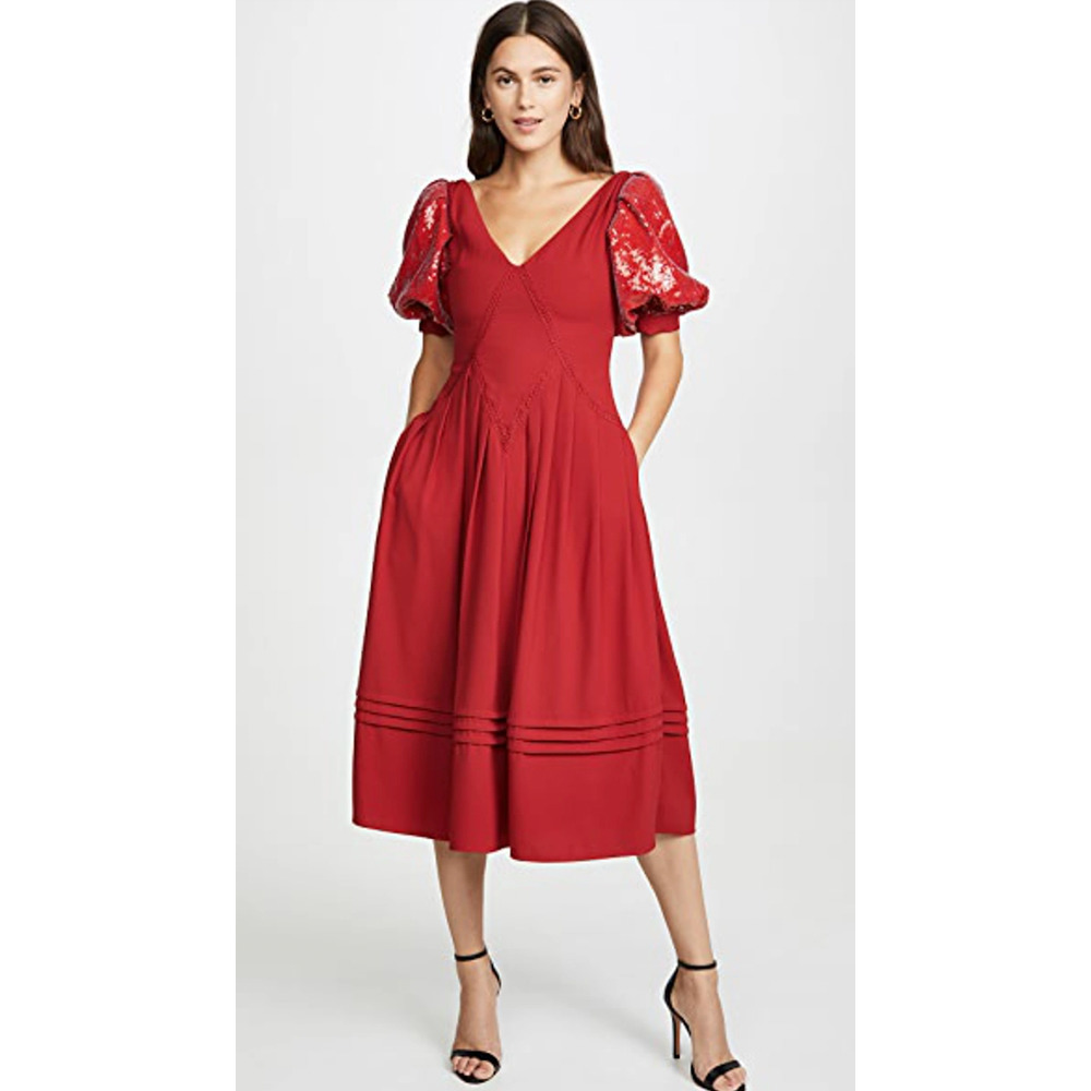 Self-Portrait Red Sequin Short Puff Sleeve Midi Dress, Size 4
